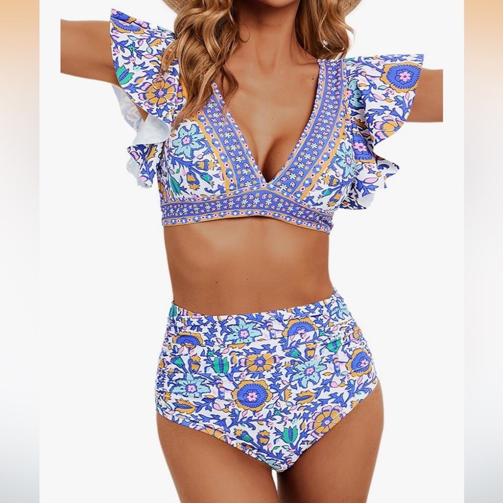 Floral Ruffle High-Waist Bikini Set